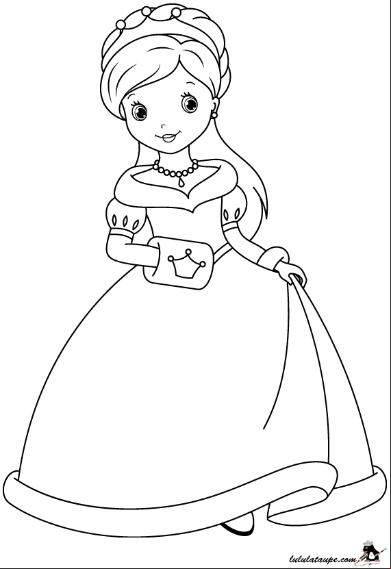 Dessin à colorier, une princesse souriante avec une jolie robe