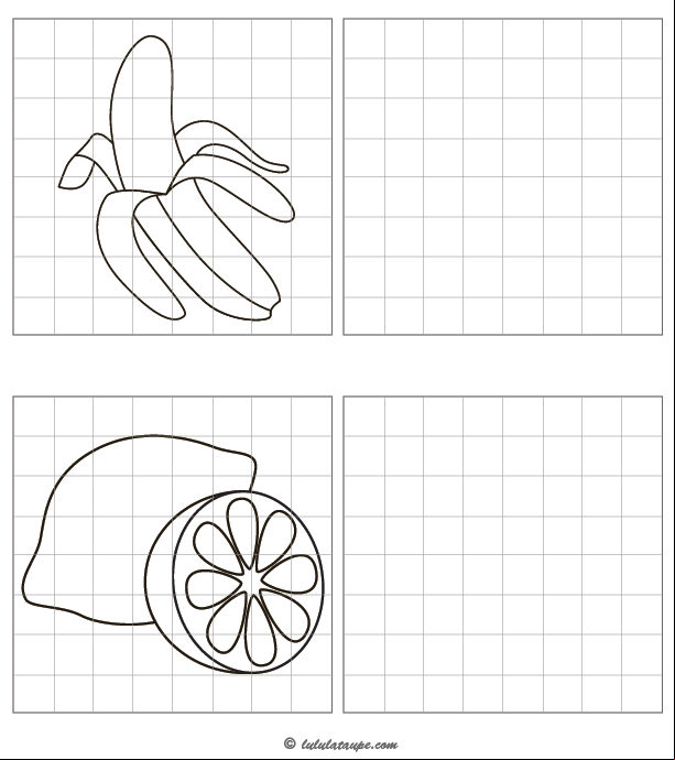 Jeu à imprimer, reproduire un dessin sur quadrillage, une banane, un citron