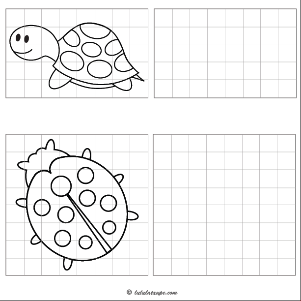 Jeu à imprimer, reproduire un dessin sur quadrillage, une tortue, une coccinelle