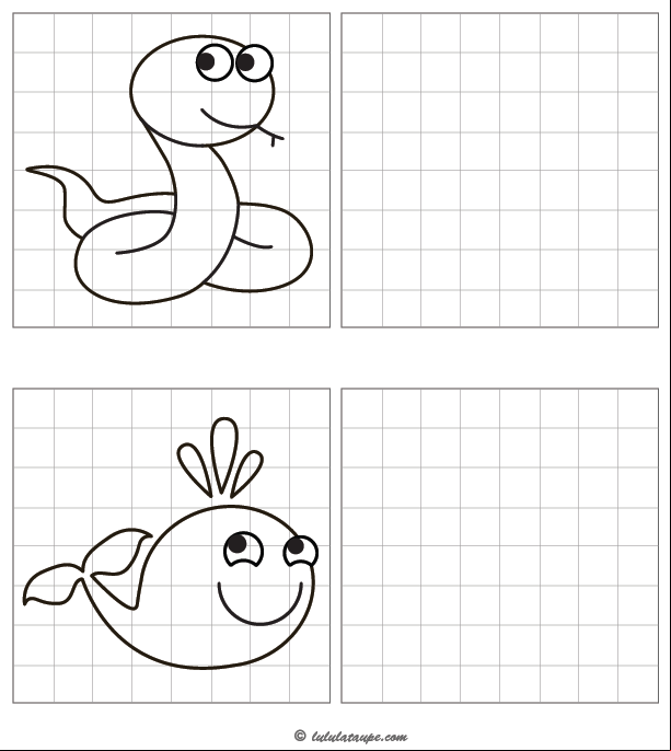 Jeu à imprimer, reproduire un dessin sur quadrillage, un serpent, une baleine
