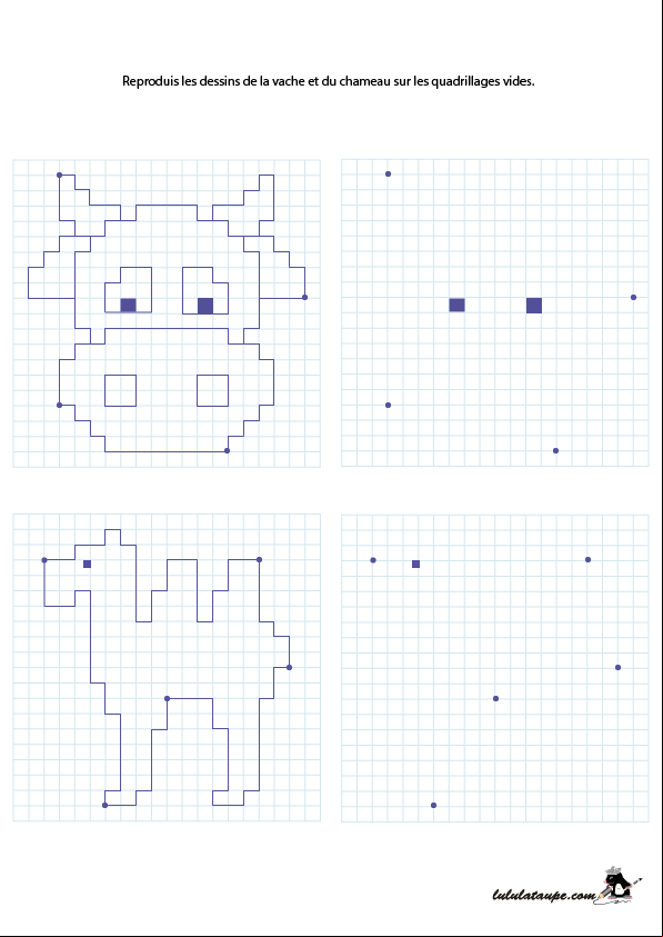 Reproduire une dessin sur un quadrillage, une vache, un chameau