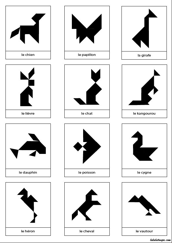 Fiche de 12 silhouettes d'animaux à réaliser avec le jeu Tangram