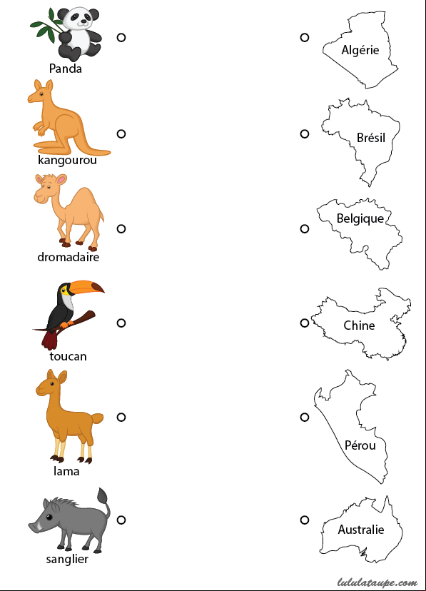 Exercice ludique à imprimer, relier chaque animal à son pays
