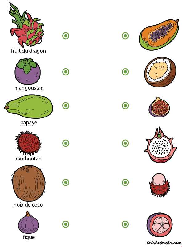 Exercice ludique à imprimer, relier chaque fruit à sa moitié