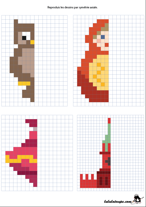 Reproduire un dessin par symétrie axiale sur quadrillage, un poupée russe, un monument, un hibou, une jarre 