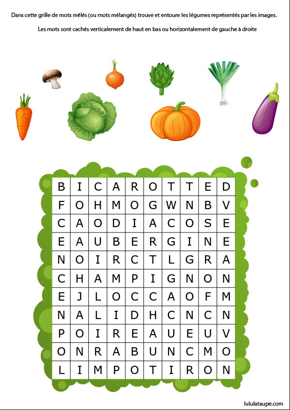 Mots mêlés à imprimer, les légumes